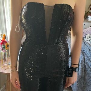 NWT Lulu's Black Sequin Deep V Jumpsuit